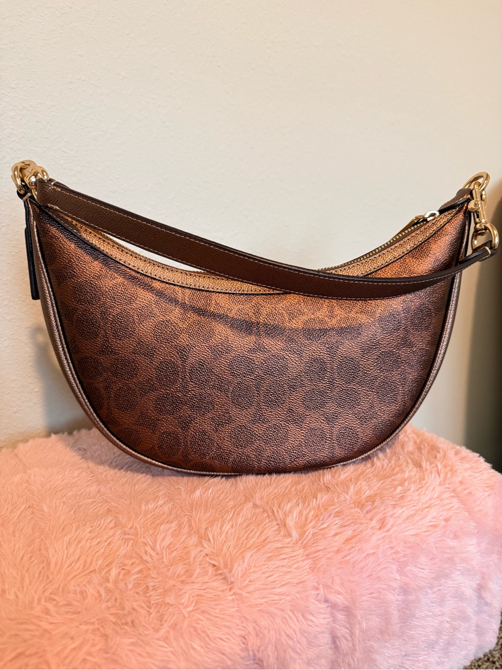 Coach Aria Bag - Brown Signature Crescent Bag with Gold Hardware - Picture 3 of 7